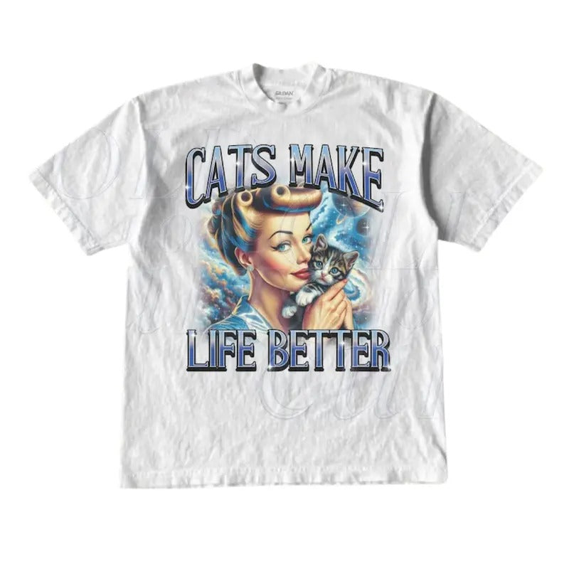 Cats Make Life Better Retro Graphic T-Shirt, Vintage 1940 Pop Women Cat T Shirt, Vintage Kitten Lovers Shirt, Nostalgia...