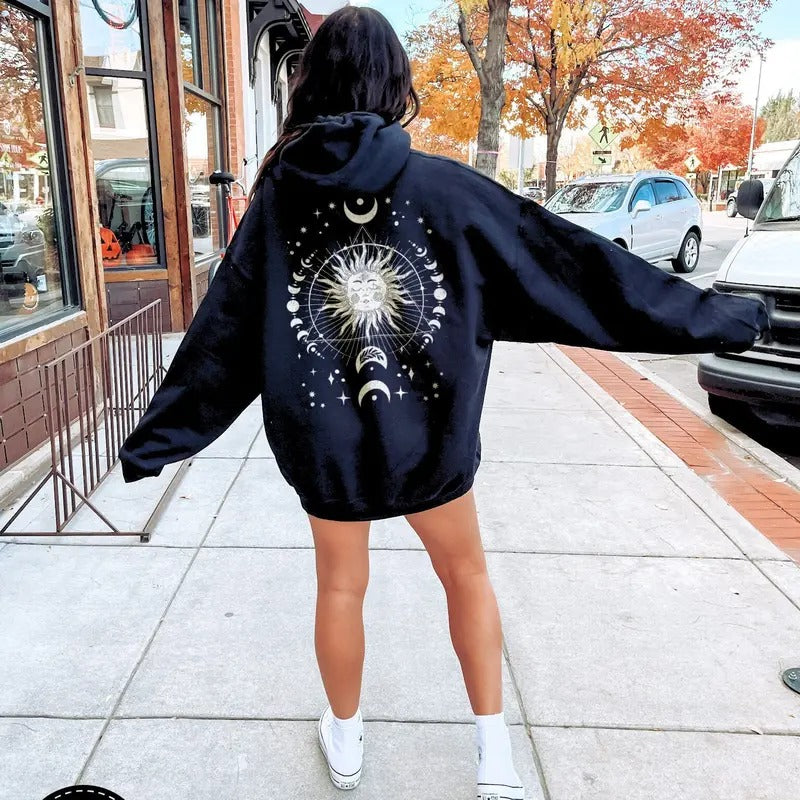 Celestial Boho Sun & Moon Phase Hoodie, Back Print Whimsigoth Sweatshirt, Spiritual Hoodie T-Shirts | HypeDripTees.com