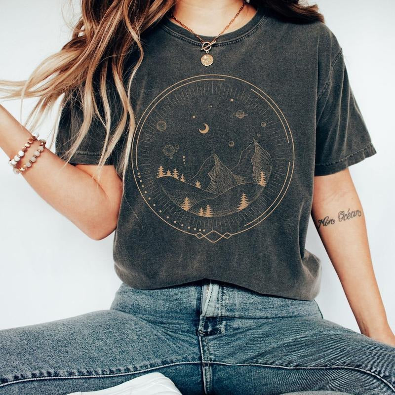 Celestial Comfort Colors Shirt, Sun and Moon T-Shirt, Astronomy Mountains TShirt, Boho Oversized Vintage Style Hippie...
