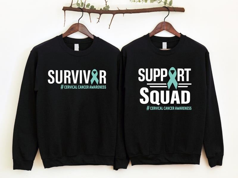 Cervical Cancer Awareness Sweatshirt, Cervical Cancer Survivor Gift Sweater, Matching Support Squad Hoodie, Teal Ribbon...
