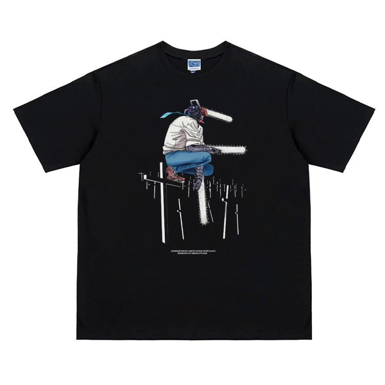 Chainsaw Man "Gravestone Forest" Vintage Oversized Tee Anime T-shirt 100% Cotton Original Design Men's Top for Fans DTG...