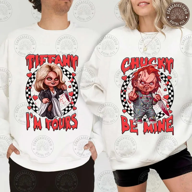 Character Valentine Gift , Couple Horror Movie Shirt, Scary Couple Bow , Lover Jumper Design Hoodie, Sweatshirt