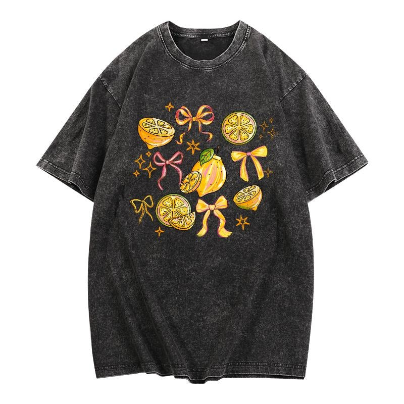 Charming Washed T - Shirt: Adorned with Delightful Lemon and Bow Designs Hoodie, Sweatshirt | HypeDripTees.com