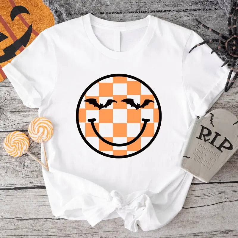 Checker Happy Face Shirt, Bats Funny Halloween T-Shirt, Spooky Season Gift Tee, Unisex Pumpkin Tee. Hoodie, Sweatshirt