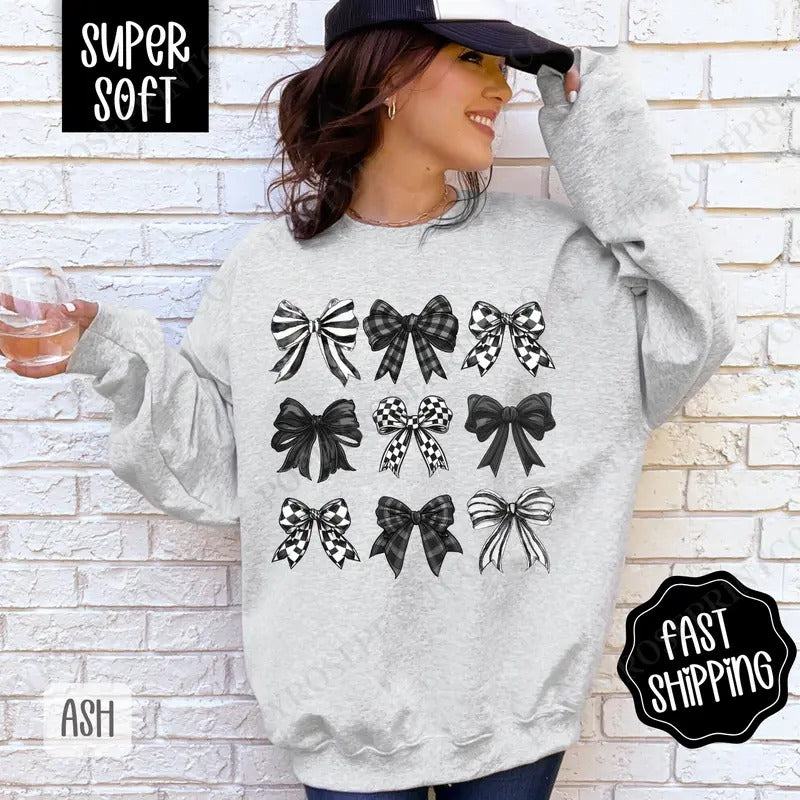 Checkered Bows Coquette Black White Bow Cute T-Shirts, Hoodie, Sweatshirt