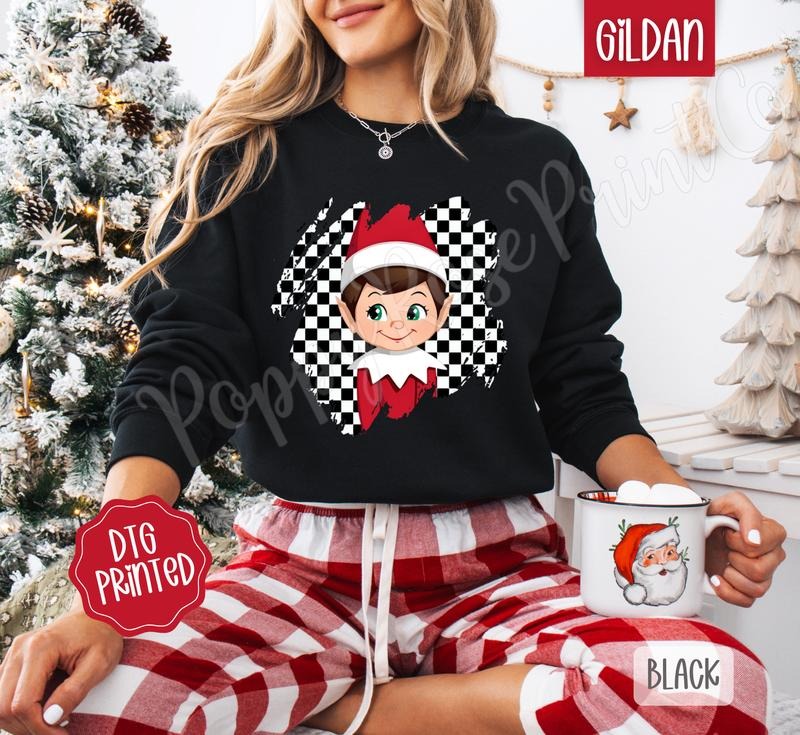 Checkered Elf Sweatshirt, Trendy Women's Christmas Crewneck T-Shirts, Hoodie | HypeDripTees.com