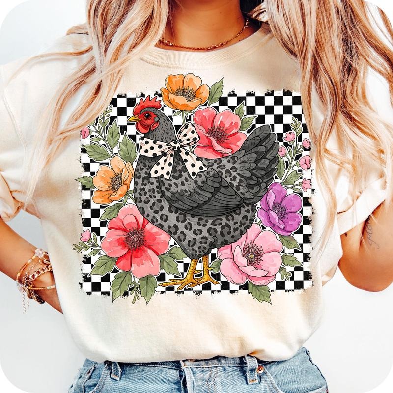 Checkered Flower Chicken T-Shirt, Chicken T-Shirt, Wildflower Shirt, Chicken Lover Shirt, Gift For Mom, Mother's Day Gift...