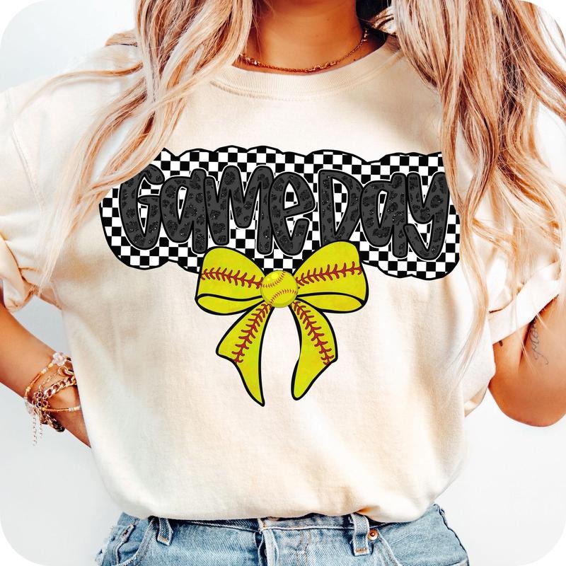 Checkered Game Day Softball Bow T-Shirt, Retro softball T-Shirt, Softball Mama T-Shirt, Softball Mom T-Shirt, Softball...