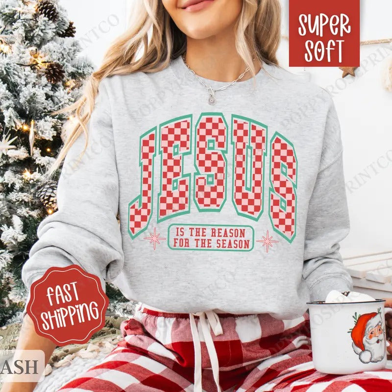 Checkered Jesus Sweatshirt, Christmas Sweater, Women's Holiday Crewneck T-Shirts, Hoodie | HypeDripTees.com
