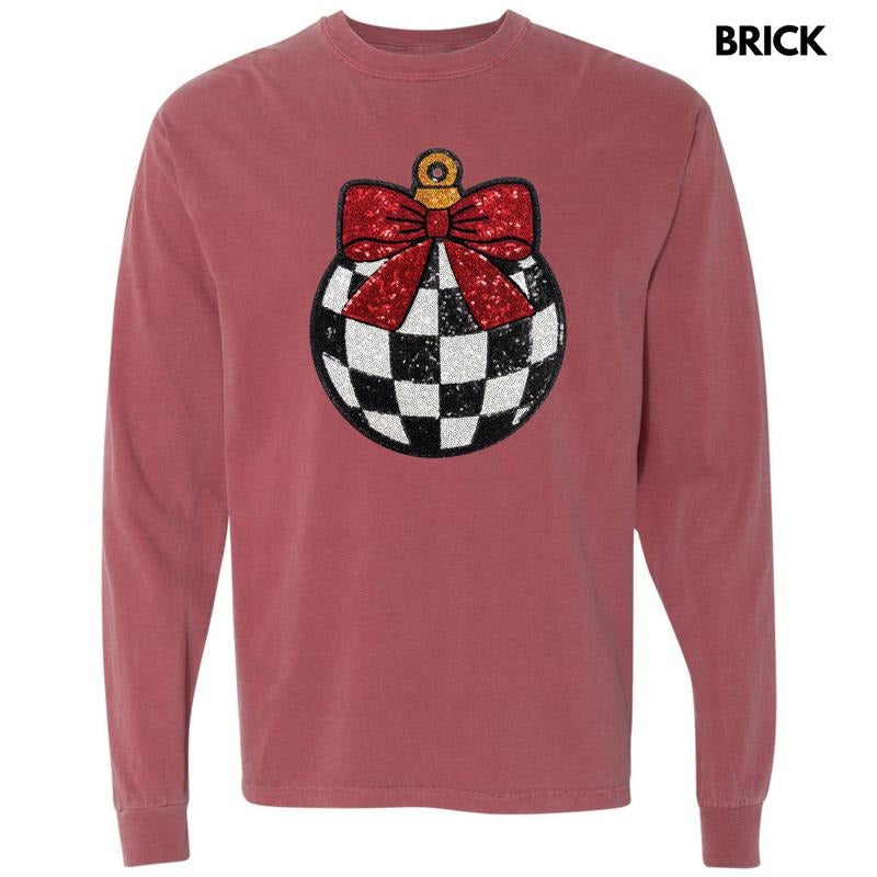 Checkered Ornament Sequin Patch Long Sleeve Comfort Colors T-Shirt Hoodie, Sweatshirt | HypeDripTees.com