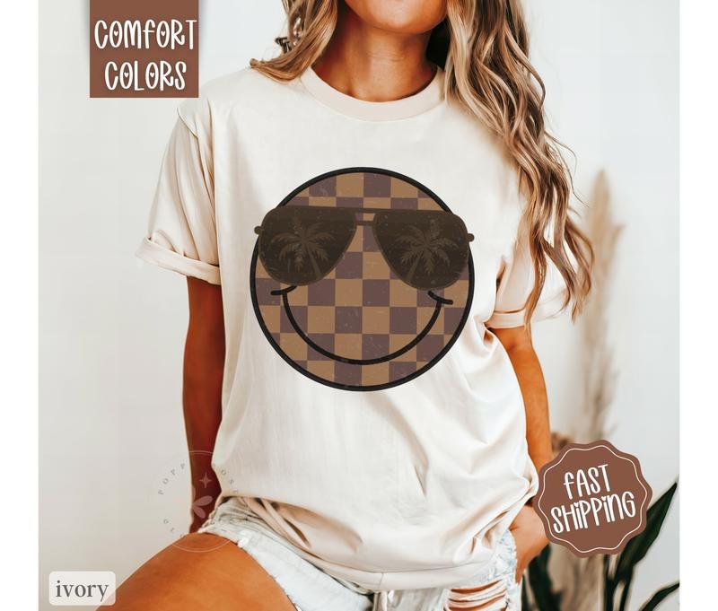 Checkered Smile Brown Comfort Colors, Happy Face Shirt, Oversized Beach Tee Hoodie, Sweatshirt | HypeDripTees.com
