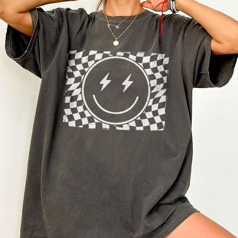 Checkered Smile Face Shirt, Retro Shirt for Women, Smile Face T-Shirt, Gift for Her, Retro Checkered Tee, Vintage Face...