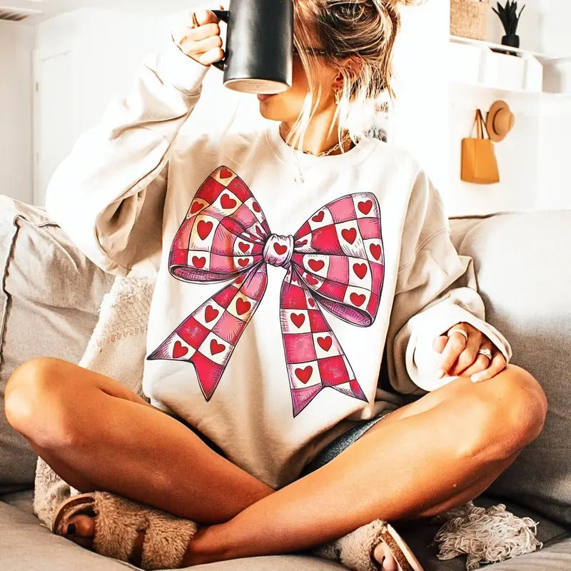 Checkered Valentine's Day Heart Shirt, Coquette Bow Crewneck, Retro Valentine Love Sweatshirt, Romantic Holiday Sweater...