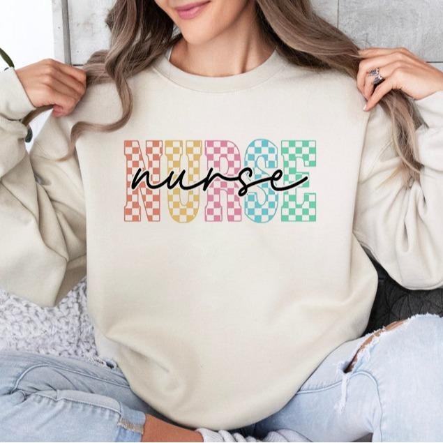 Checkered Varsity Nurse Sweatshirt, Nurse Shirt, Nursing Crewneck, Nurse Education Shirt, Healthcare, RN CNA Nurse Tee,...