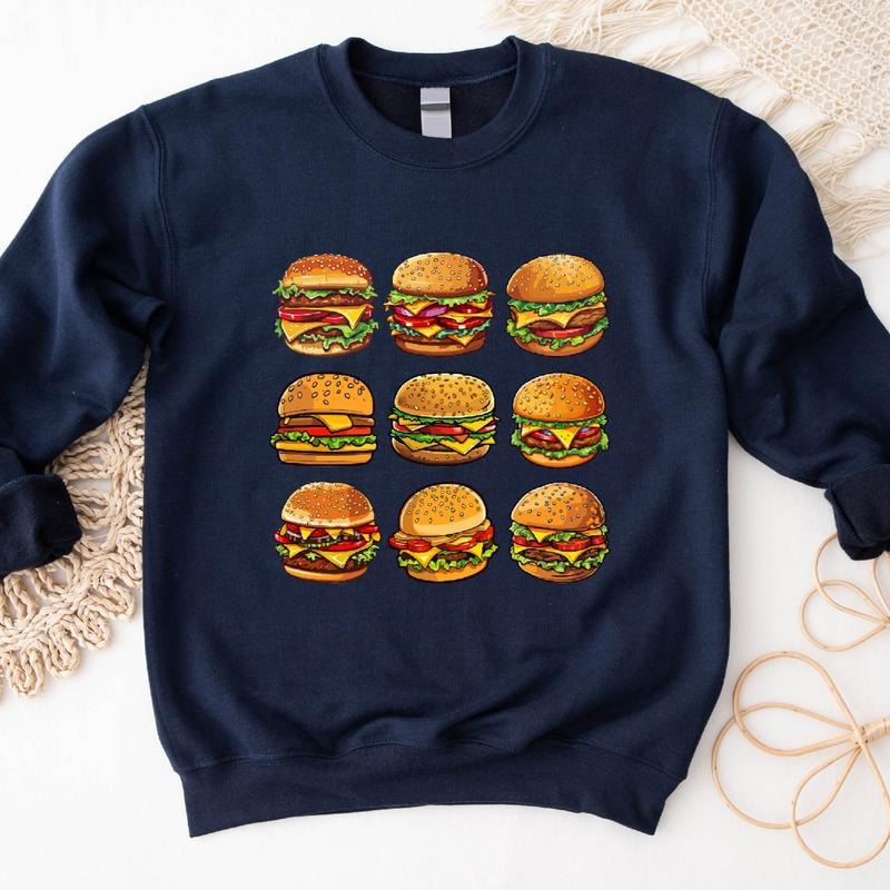 Cheeseburger Sweatshirt, Hamburger Lover Gift Hoodie, Burger Birthday Gift Sweater, Foodie Friend Gift Long Sleeve,...