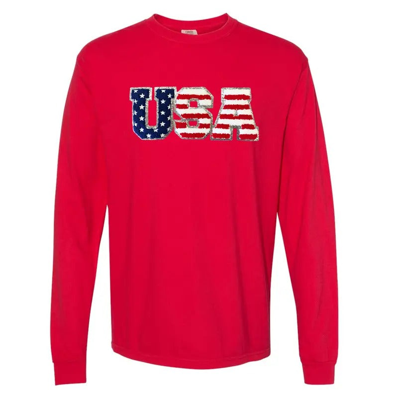 Chenille USA Patch Long Sleeve Comfort Colors T-Shirt Hoodie, Sweatshirt | HypeDripTees.com