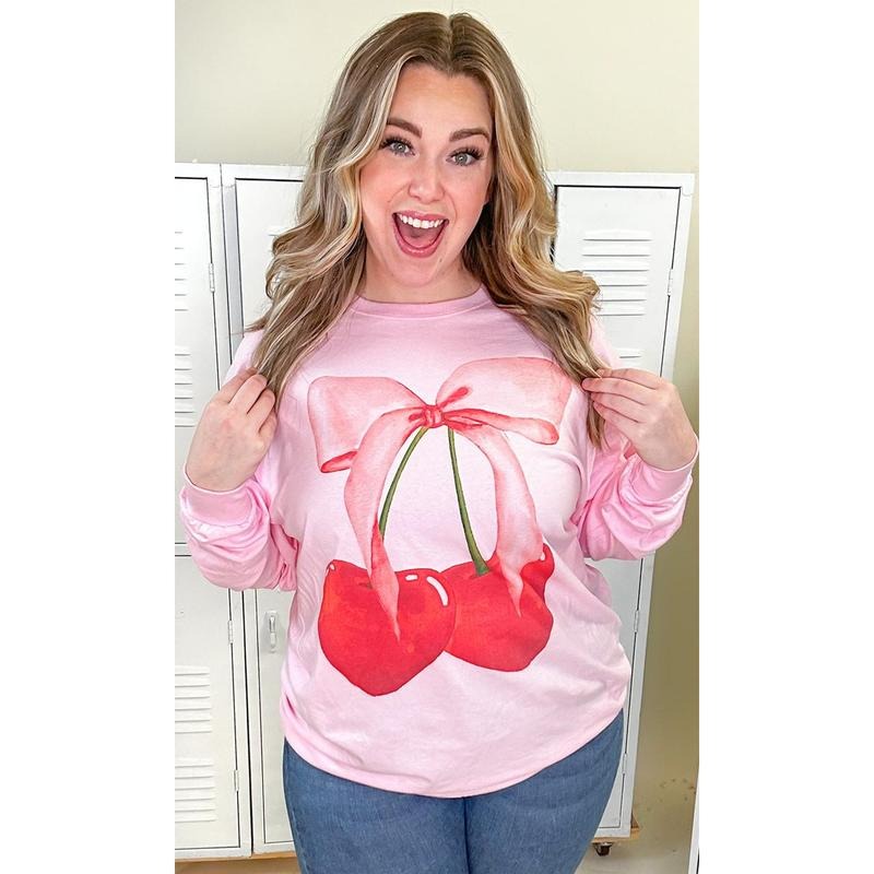 Cherry Bow Long Sleeve Graphic T-Shirt Hoodie, Sweatshirt | HypeDripTees.com