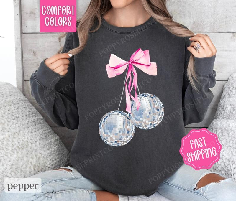 Cherry Disco Bow Comfort Colors Sweatshirt, New Year's 2025 Women's Crewneck, NYE Women's Sweater T-Shirts, Hoodie