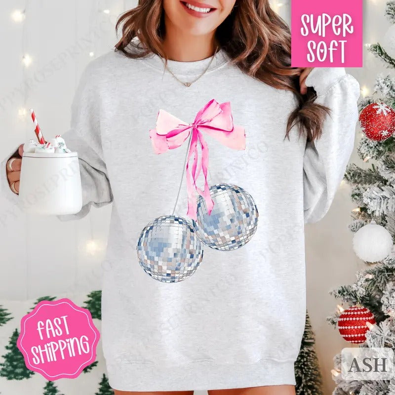 Cherry Disco Bow Sweatshirt, New Year's 2025 Crewneck, NYE Women's Sweater T-Shirts, Hoodie | HypeDripTees.com