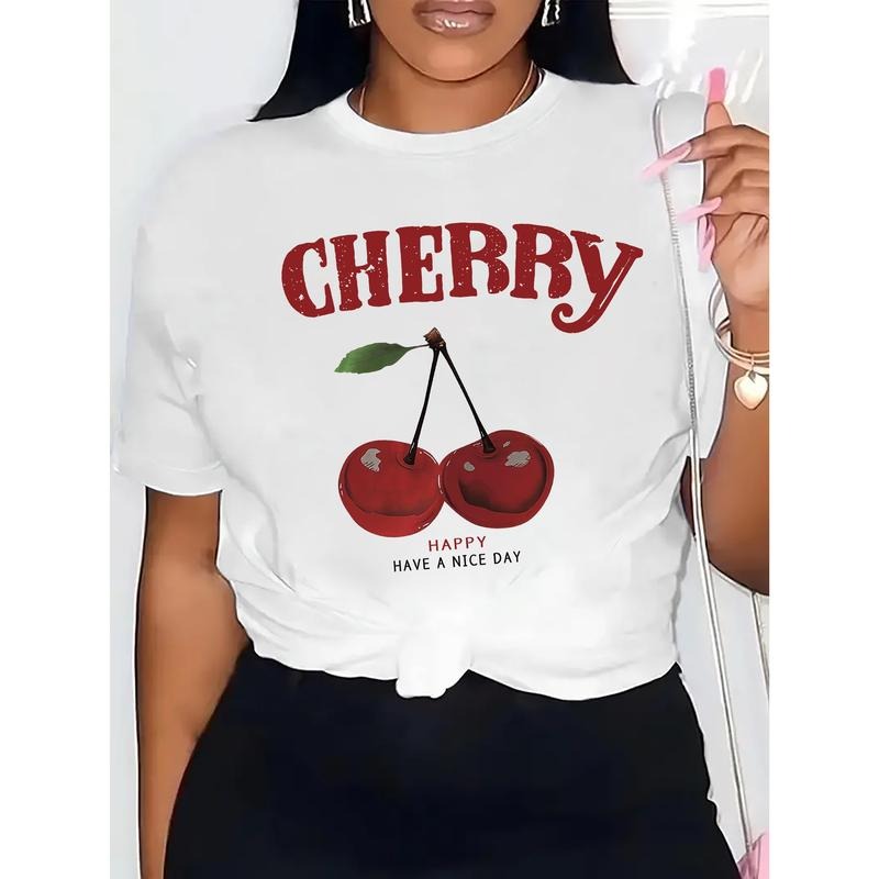 Cherry Patterned T-Shirt, Short-Sleeve Casual Round-Neck Top, Spring And Summer Women'S Clothing Hoodie, Sweatshirt