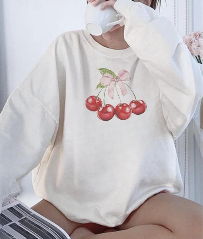 Cherry Sweatshirt, Cherry Ribbon Sweatshirt, Trendy Ribbon Crewneck Sweatshirt, Cottagecore Sweatshirt, Cherry Valentine...