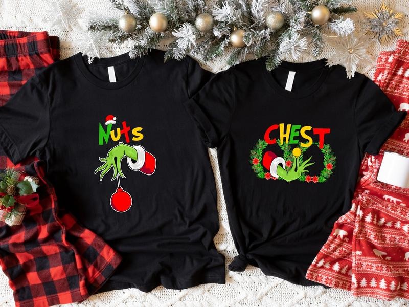 Chest Nuts Christmas Shirts, Matching Couples Christmas T-Shirt, Wife Husband Holiday Tee, New Married Gift Shirts....