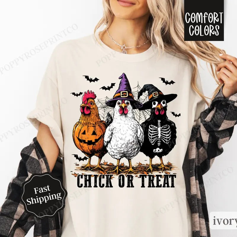 Chick Or Treat Shirt Comfort Colors, Chicken Halloween Tee, Womenswear Oversized Crewneck Hoodie, Sweatshirt
