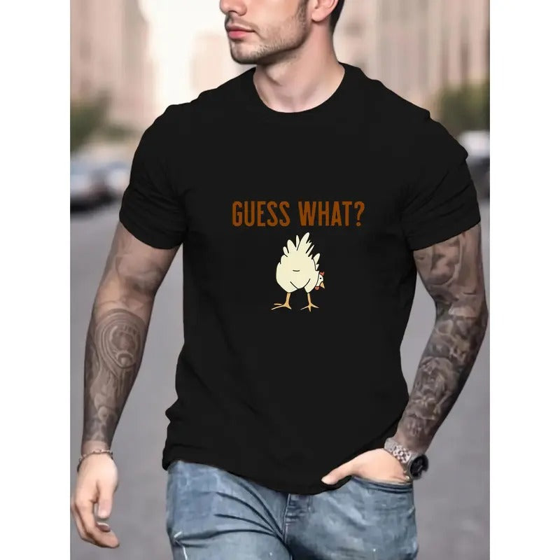 Chicken Guess What Print Tee - Men's Round Crew Neck Short Sleeve T-Shirt