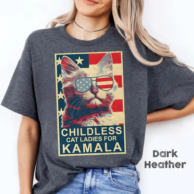 Childless Cat Lady Kamala Shirt, Ladies for Kamala Harris President 2024 Unisex T-Shirt Hoodie, Sweatshirt | HypeDripTees.com