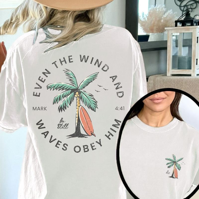 Christian Bible Verse Pattern T Shirt, Beachy Backprint Tops, Trendy Coconut Tree Shirt Unisex Tee Teen Baptism Gift...