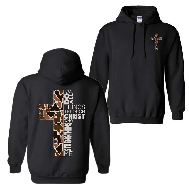 Christian Hoodie T-Shirt- Camo Cross Design with Philippians 4:13 Verse, Perfect for Faithful Believers and Outdoorsmen,...