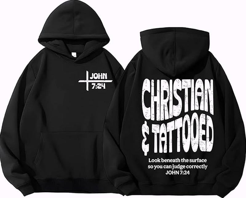 Christian and Tattooed Hoodie Jesus Faith 2 Sided Graphic Hoodie Casual Fleece Fabric Pullover Hooded Sweatshirt Trendy...