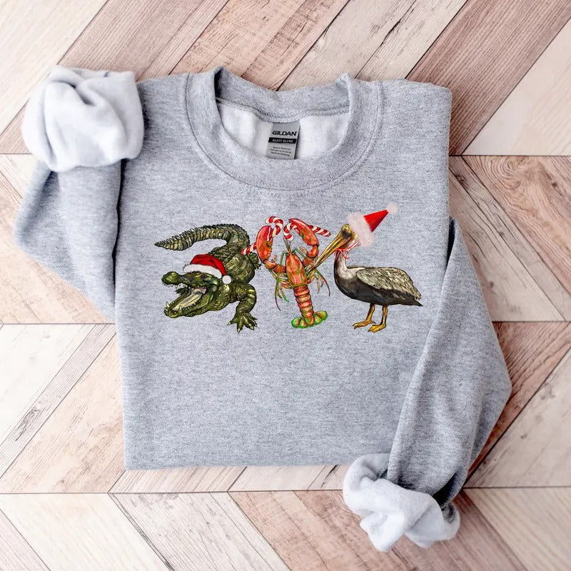Christmas Alligator Pelican Crawfish Sweatshirt, Holiday New Year Shirt, Christmas Gift, Animal Lover Shirt Casual...