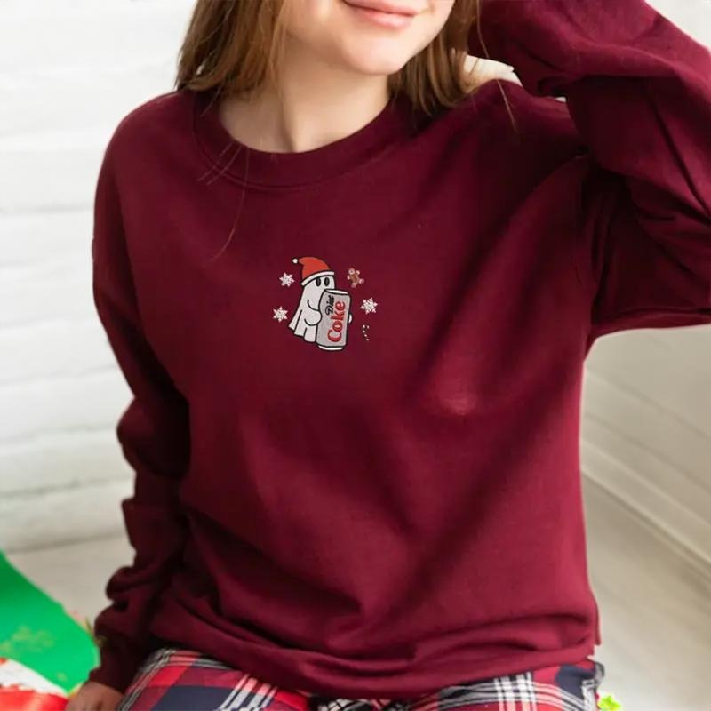 Christmas Boo Drinks Embroidered Sweatshirt, Ghost Christmas Sweatshirt for Women, Holiday Embroidered Crewneck, Soda Cup...
