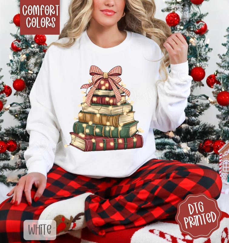 Christmas Book Tree Comfort Colors Sweatshirt, Trendy Women's Holiday Reading Crewneck T-Shirts, Hoodie | HypeDripTees.com