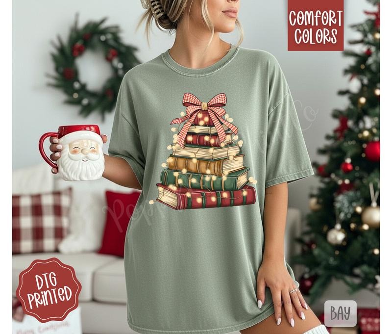 Christmas Book Tree Shirt Comfort Colors, Trendy Women's Holiday Reading Tshirt Hoodie, Sweatshirt | HypeDripTees.com