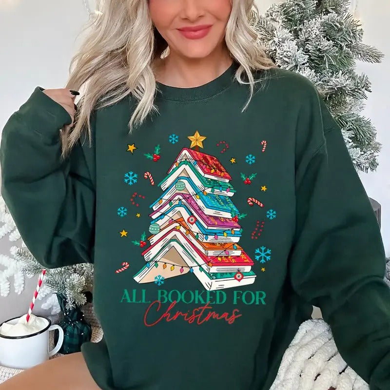 Christmas Book Tree Sweatshirt, AcotarBook Christmas Sweatshirt, All Booked For Christmas Shirt, Bookish Christmas Shirt,...