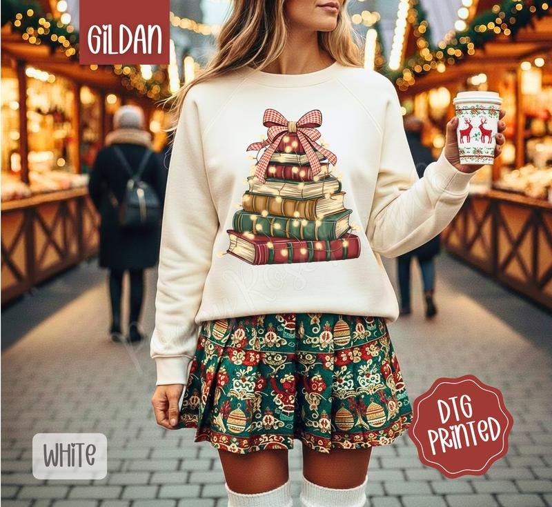 Christmas Book Tree Sweatshirt, Trendy Women's Holiday Reading Sweater T-Shirts, Hoodie | HypeDripTees.com