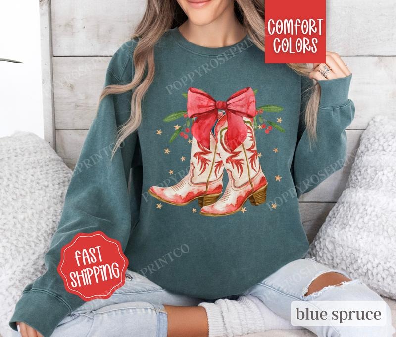 Christmas Boots Comfort Colors Sweatshirt,  Cowgirl Christmas Sweater Womenswear,  Holiday Crewneck T-Shirts, Hoodie