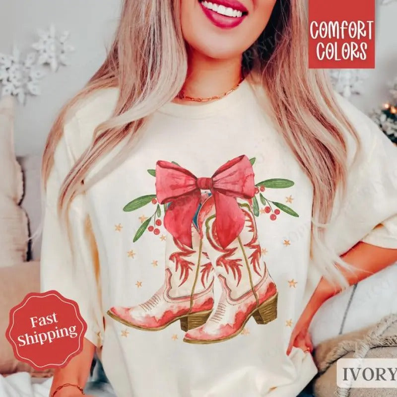 Christmas Boots Shirt Holiday Tshirt,  Country Christmas Tee, Women's Holiday Tee Hoodie, Sweatshirt | HypeDripTees.com