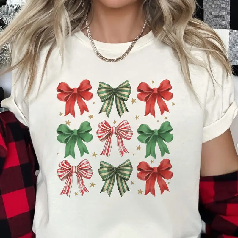 Christmas Bow Collage Tee Coquette Christmas Collage Tshirt Holiday Coquette T-Shirt Red and Green Bow Collage Casual...