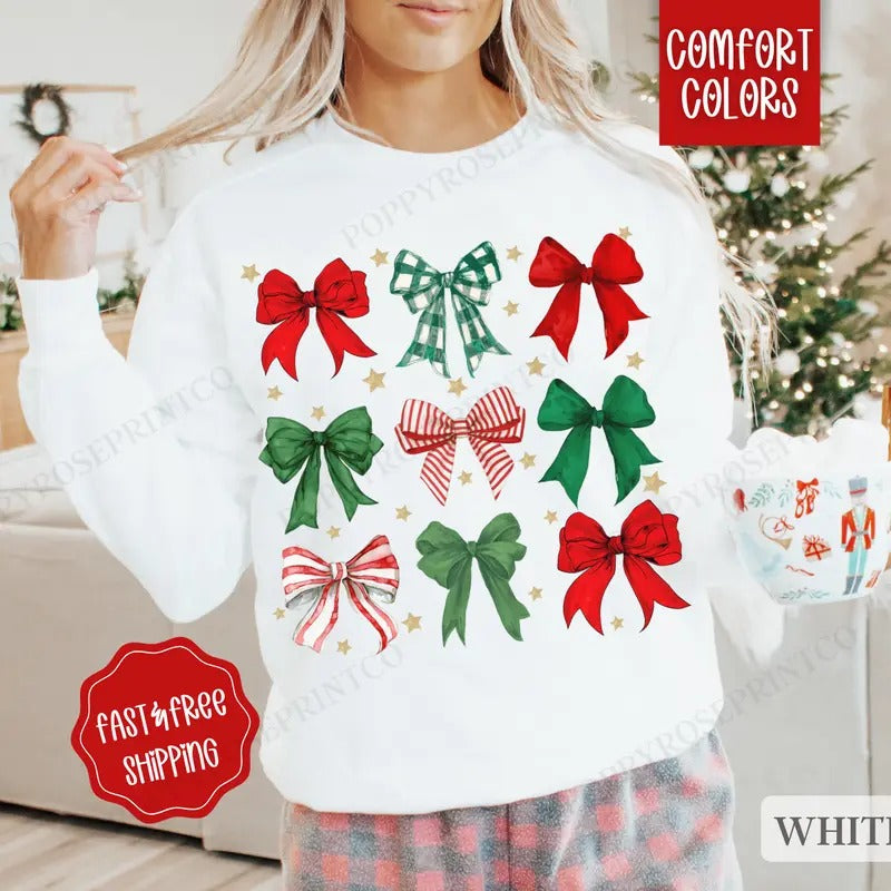 Christmas Bow Comfort Colors Sweatshirt, Christmas Sweater Womenswear, Holiday Crewneck retro christmas T-Shirts, Hoodie