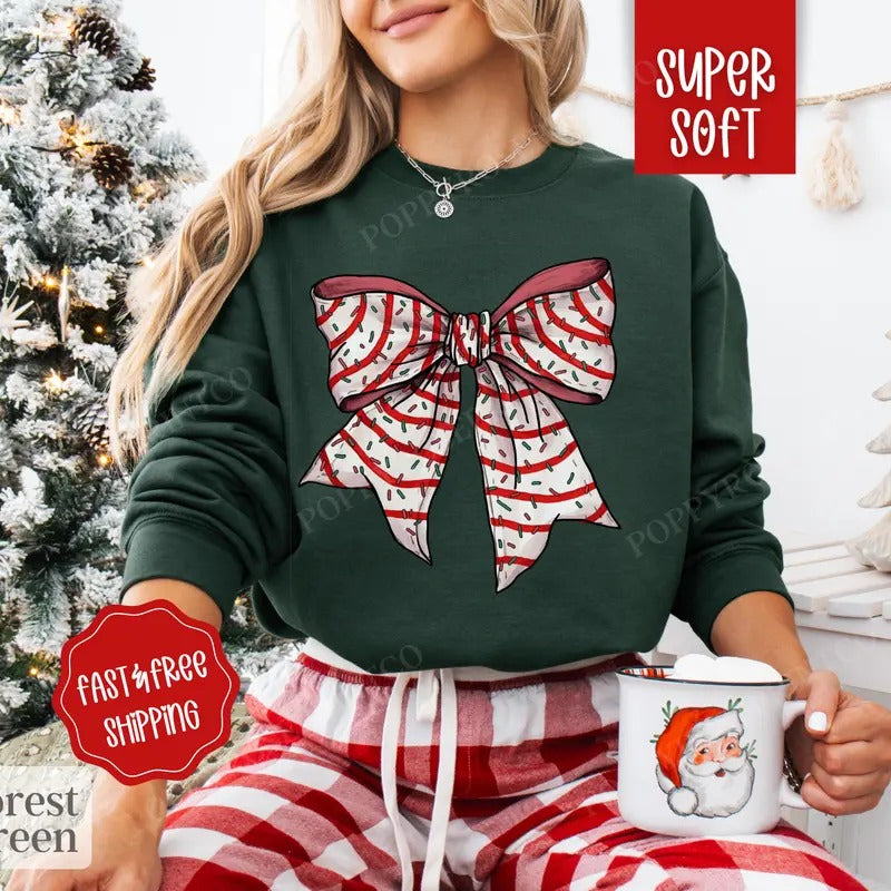 Christmas Bow Sweatshirt, Christmas Sweater, Women's Holiday Crewneck retro christmas T-Shirts, Hoodie | HypeDripTees.com