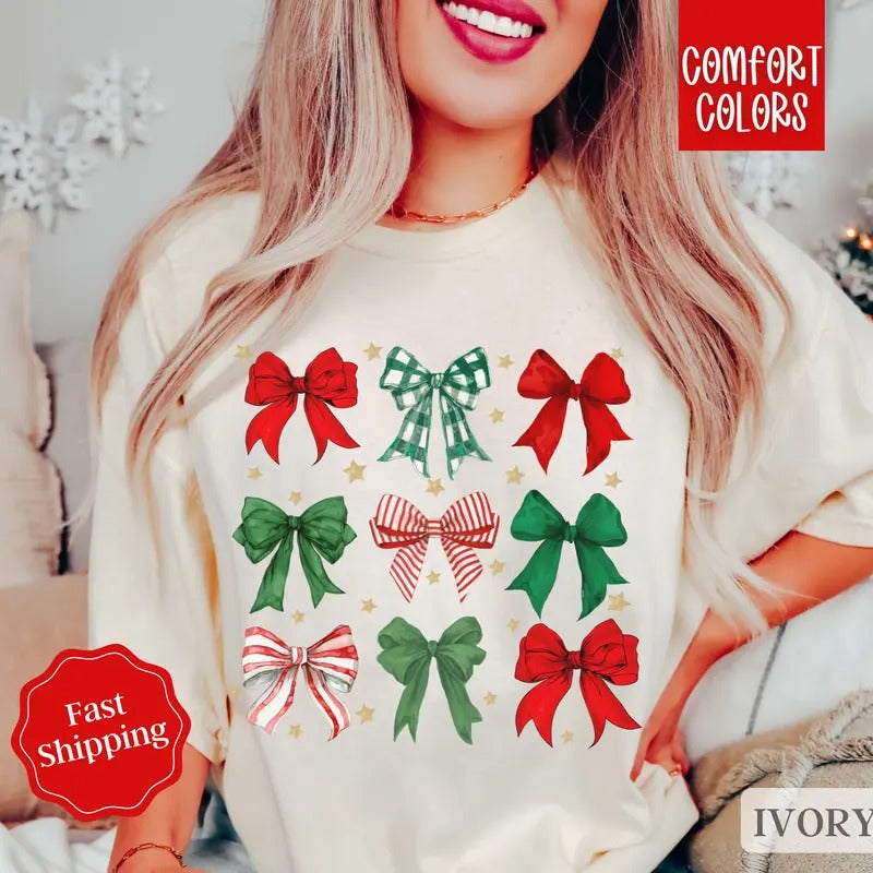 Christmas Bows Shirt Comfort Colors Holiday Tshirt, Women's Holiday Tee christmas shirt Hoodie, Sweatshirt | HypeDripTees.com