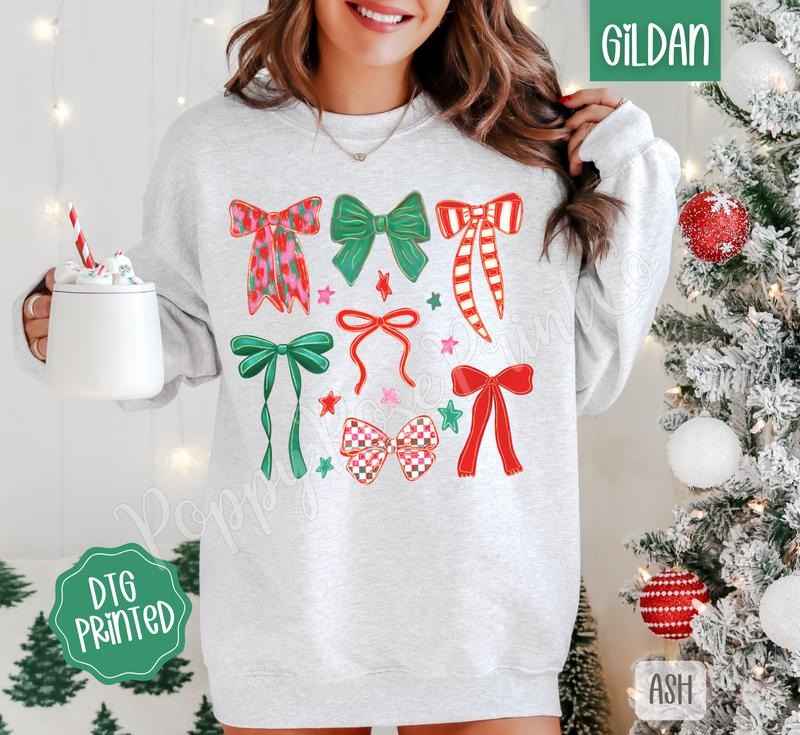 Christmas Bows Sweatshirt, Trendy Women's Holiday Crewneck T-Shirts, Hoodie | HypeDripTees.com