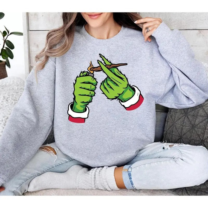 Christmas Cannabis Sweatshirt, Mary Jane Grin.chmas Shirt, Hand Christmas Weed Shirt, Merry Weedmas Crewneck Hoodie