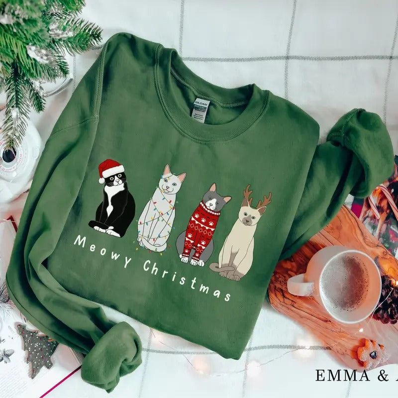 Christmas Cat Sweatshirt, Christmas Sweatshirt, Meowy Christmas Sweater, Cat Lover Gift, Cat Shirt, Cat Christmas,...