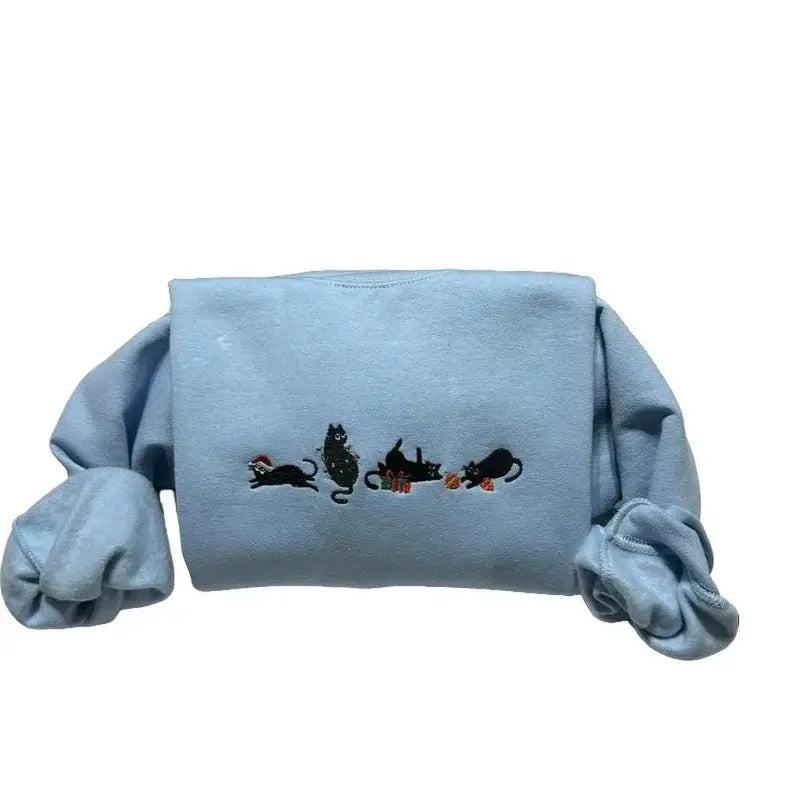Christmas Cats Embroidered Sweatshirt | Cozy- Comfort Holiday Cat Lovers Gift T-Shirts, Hoodie | HypeDripTees.com
