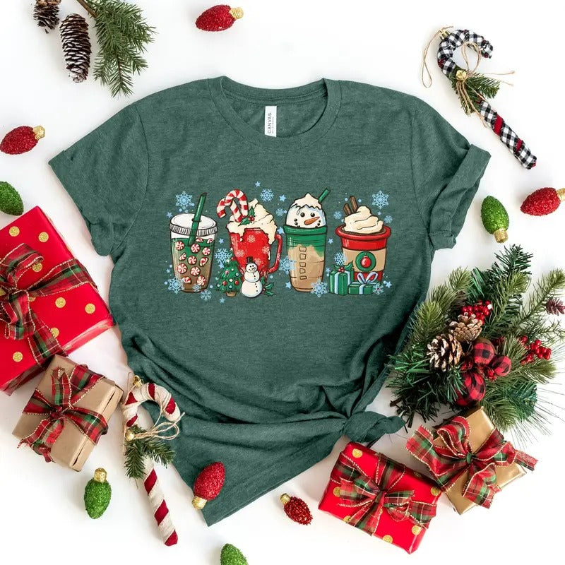 Christmas Coffee Shirt, Peppermint Iced Latte Snowmen Sweets Snow Warm Cozy Winter Women Shirt, Christmas Latte Shirt...
