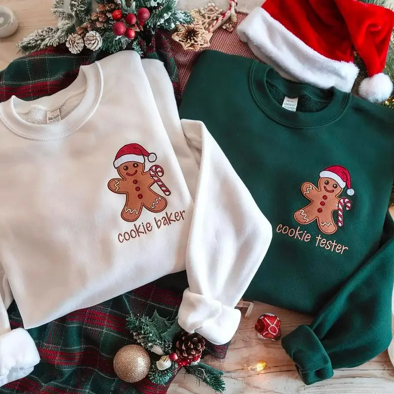 Christmas Cookies Couple Embroidered Sweatshirt, Cookies Tester And Cookies Baker Embroidered Shirt, Mom Cookies Baker...